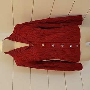 Land's End medium red thick cable knit cardigan. This is a great sweater!